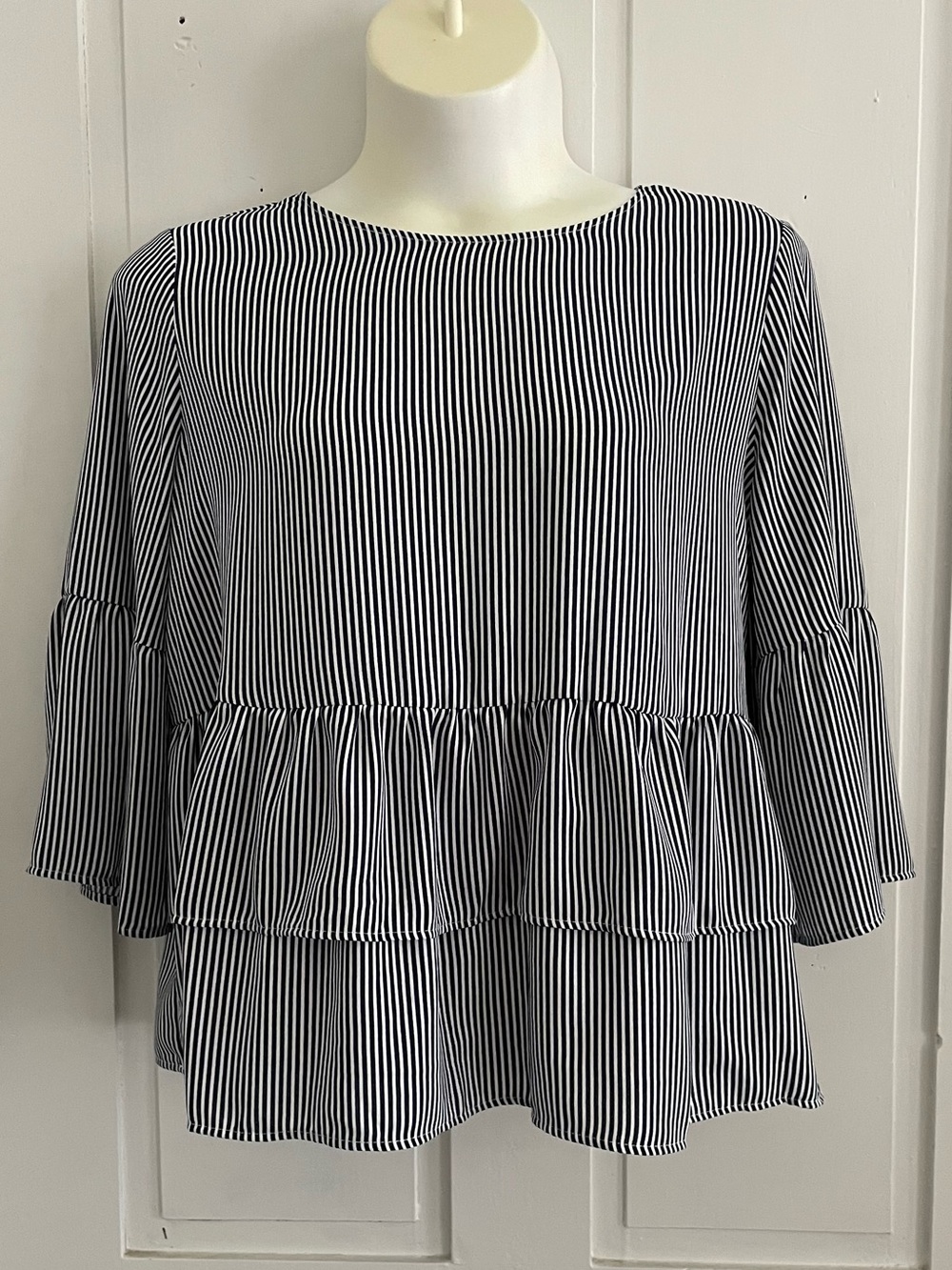 Time and Tru Black and White Striped Ruffle Peplum Blouse